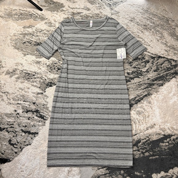 LuLaRoe Dresses & Skirts - LuLaRoe Julia Fitted Midi T-Shirt Dress Women Large Gray Striped Knit Round Neck